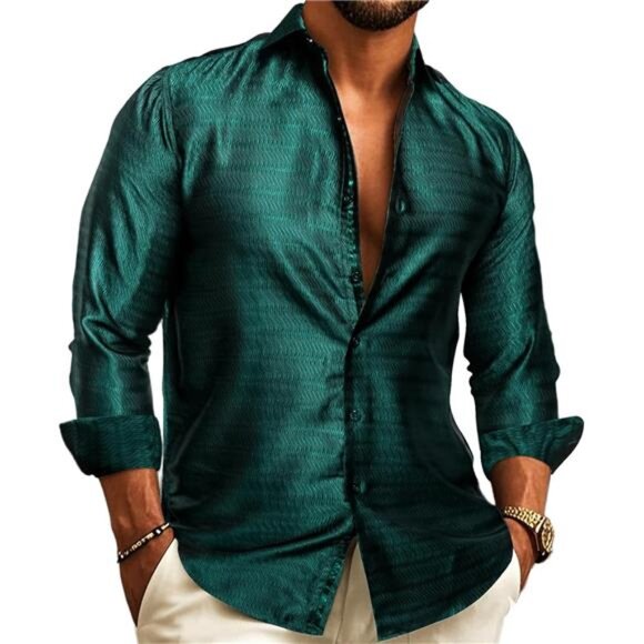 Mens Casual Long Sleeve Shirts Silk Button Up Novelty Paisley Formal - Picture 1 of 7